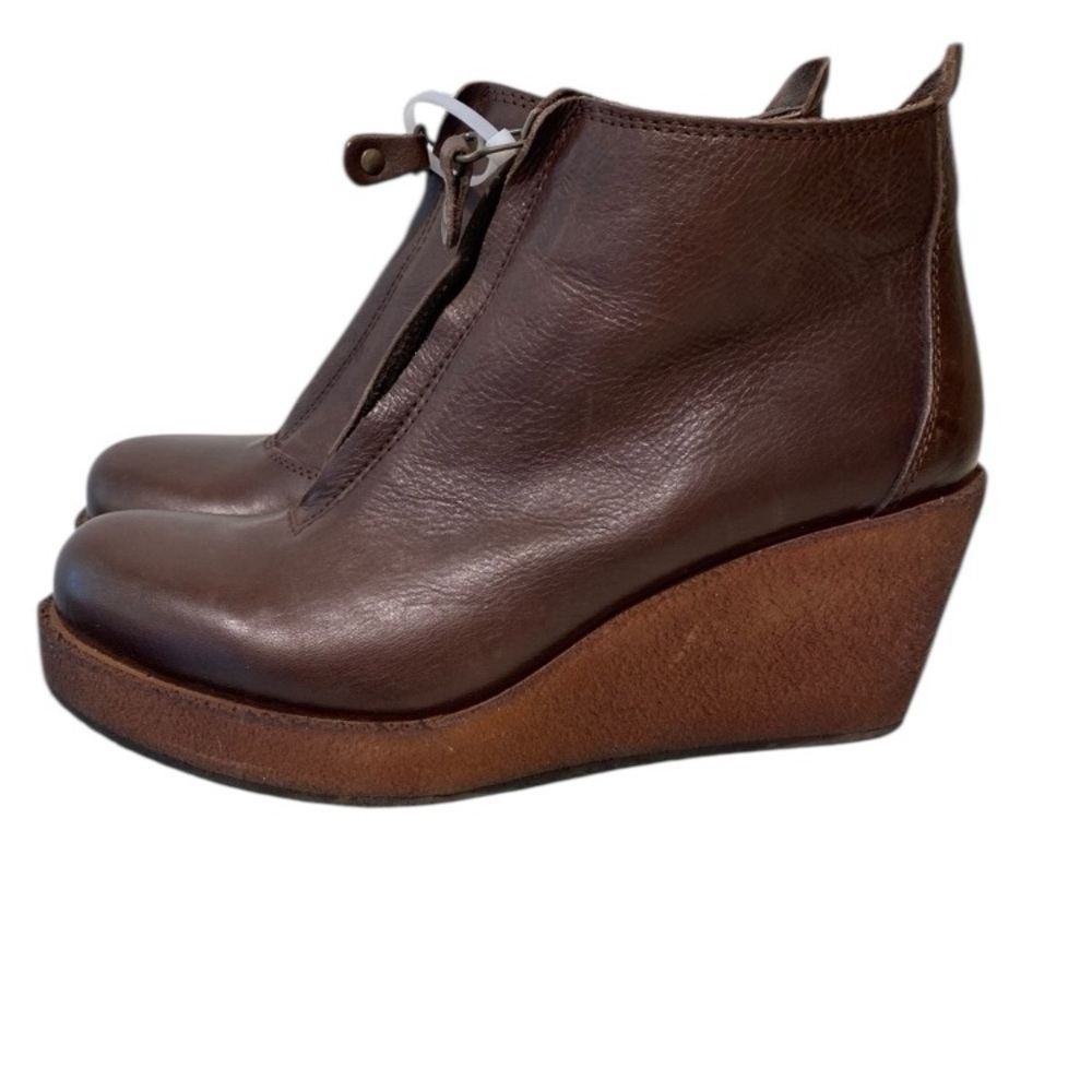 Women’s Italian Brown Leather Wood Wedge Designer Ankle Boots Front Zip size 37